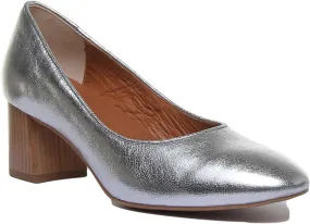 7400 Block Heel Slip On Leather Shoe In Silver