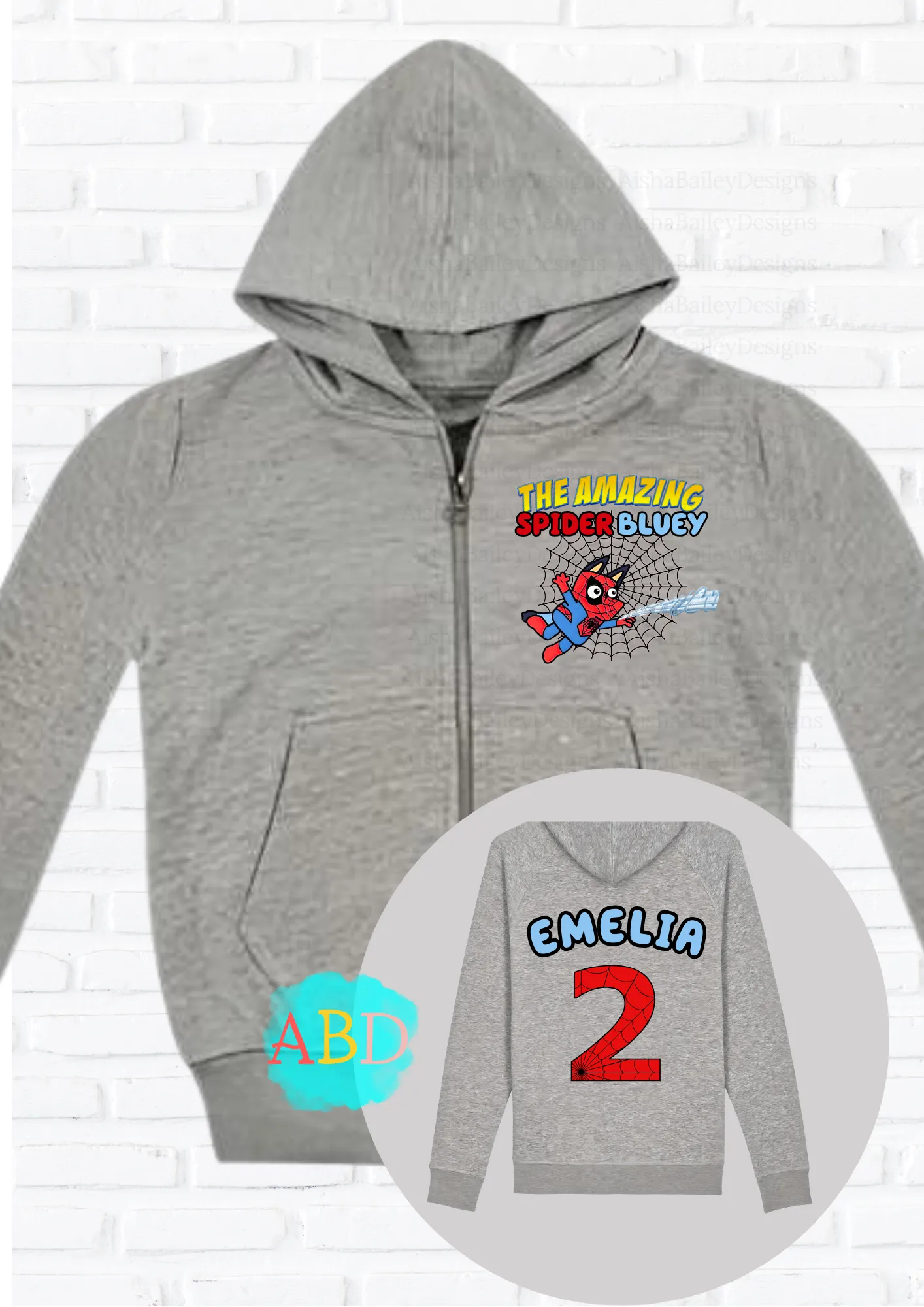 Girls' Personalised Spider Bluey Zip Hoodie with Back Print I  Girls' Custom Hoodie