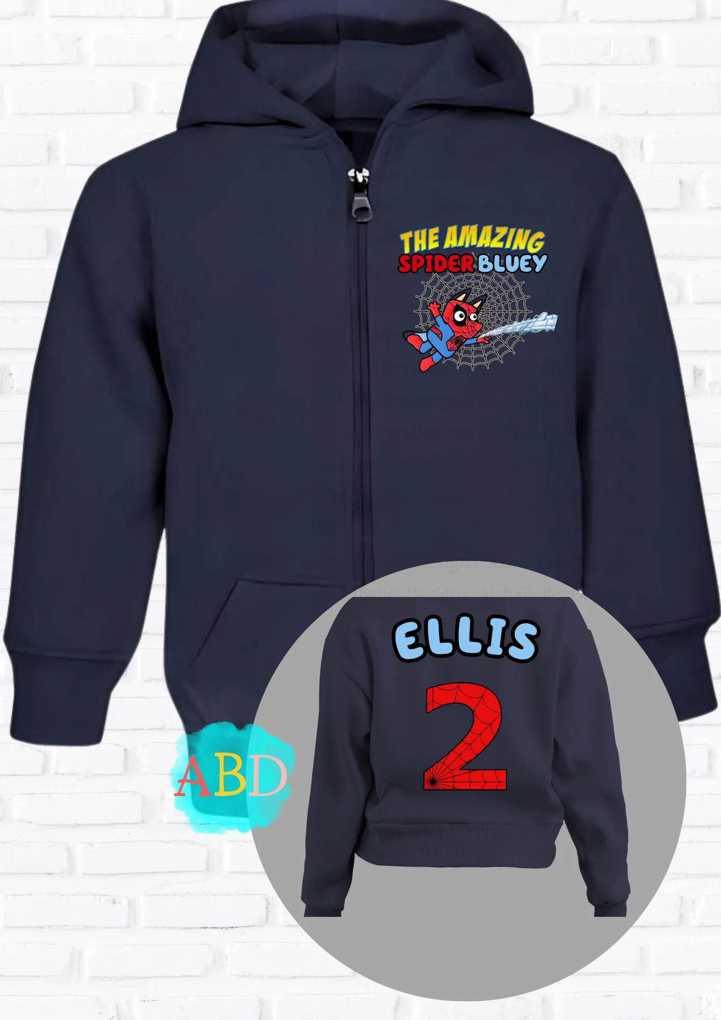 Girls' Personalised Spider Bluey Zip Hoodie with Back Print I  Girls' Custom Hoodie