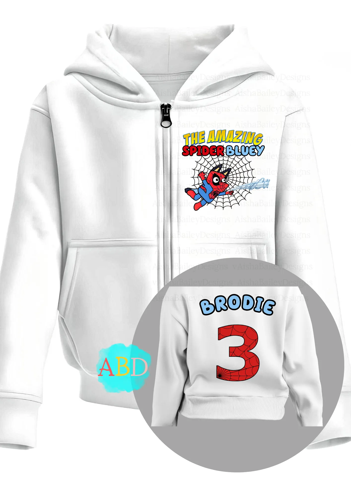 Girls' Personalised Spider Bluey Zip Hoodie with Back Print I  Girls' Custom Hoodie