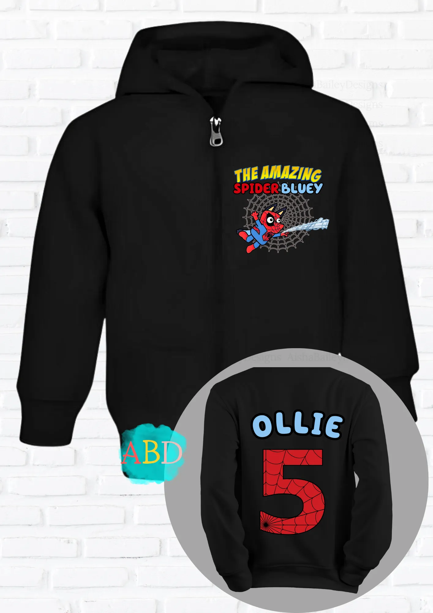 Girls' Personalised Spider Bluey Zip Hoodie with Back Print I  Girls' Custom Hoodie