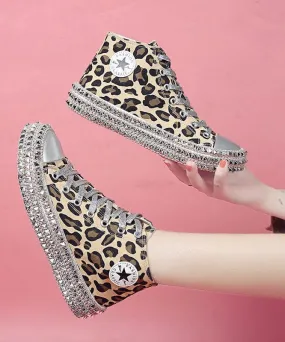 Leopard Print Flat Shoes For Women Rivet Cross Strap Splicing Flat Shoes For Women