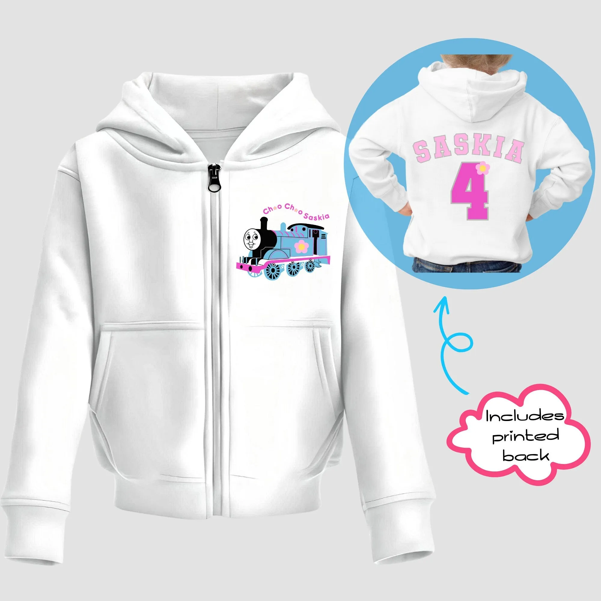 Personalised Girls Thomas Tank Engine Zip-up Hoodie with Back Print  - any name and number